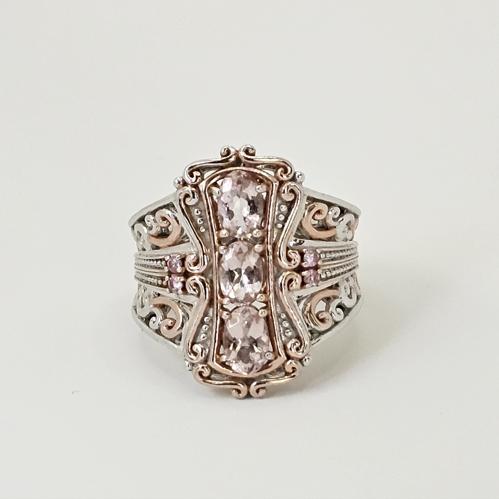 Genuine Morganite & Sapphire Ring 18K Rose Gold Palladium Sterling Silver Sz 6.5